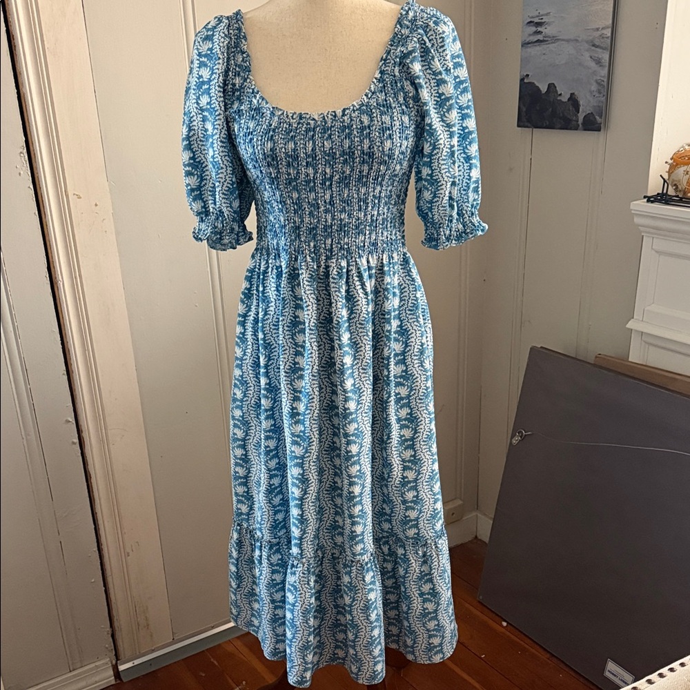 Louisa Nap Dress Blue Smocked Puff-Sleeve Midi Dress with Square Neck
